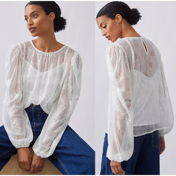 NWT EVA FRANCO ANTHROPOLOGIE Sheer Sequined Blouse White Size XLp - Picture 1 of 10